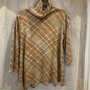 Grey stripes- orange/yellow/maroon/blue turtleneck shirt